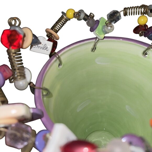 Sandra Magsamen Whimsical Ceramic Vase With Quirky Beaded Rim Mine Charms - Picture 10 of 16